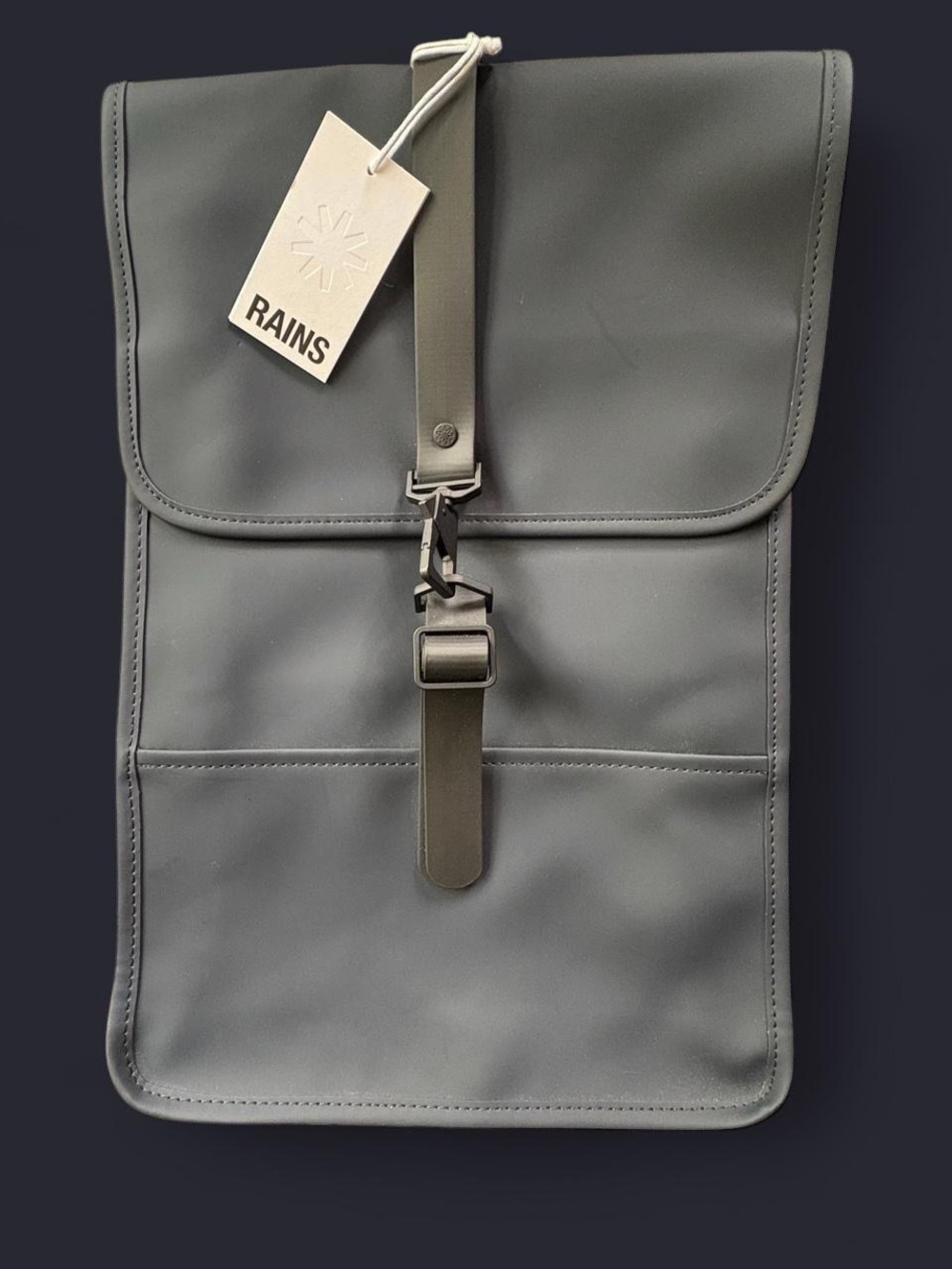 RAINS Charcoal Gray Waterproof Flap Backpack Carabiner Unisex